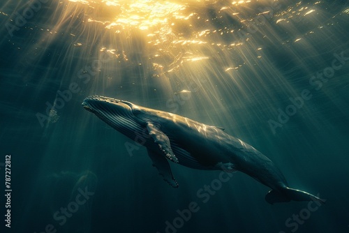 An ethereal blue whale moving towards the ocean surface, enveloped in golden rays of sunlight streaming down