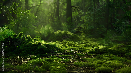 Green moss and background Backdrop for displaying products Dark forest background : Generative AI © Generative AI