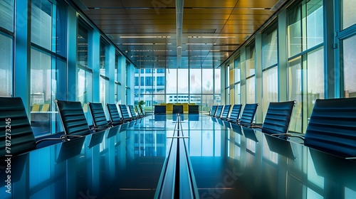 Symmetrical Modern Airport Departure Lounge with Rows of Chairs and Leading Lines for Conference or Meeting Concept