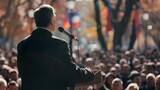Charismatic Politician Delivering Impassioned Speech to Captivated Crowd at Political Rally