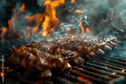 Beef short ribs on the grill close up of meat with smoke. Generate AI image