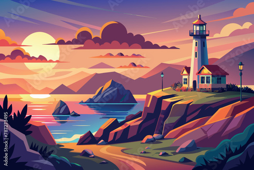 Sunset Lighthouse Landscape cartoon vector Illustration flat style artwork concept