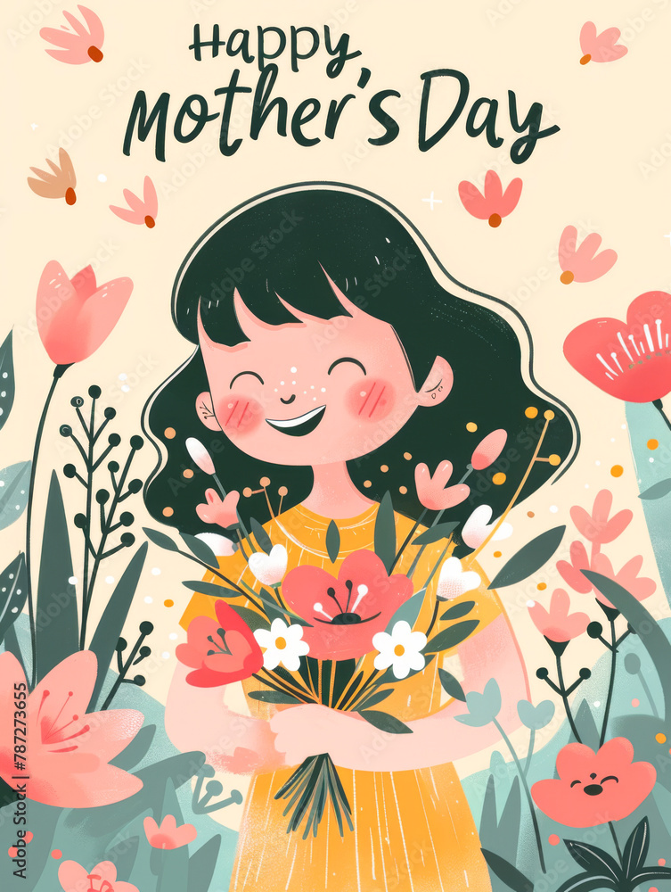 Happy Mother's Day greeting card with cute girl and flowers.