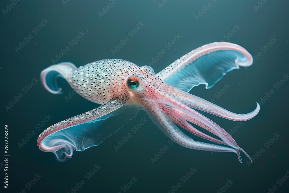 Fototapeta premium A translucent squid, adorned with glowing orange spots, hovers in the darkness of the ocean, tentacles trailing like celestial streams.
