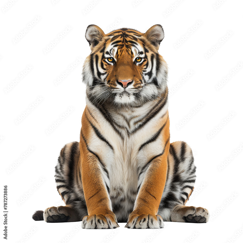 Majestic Tiger Seated Against White Background