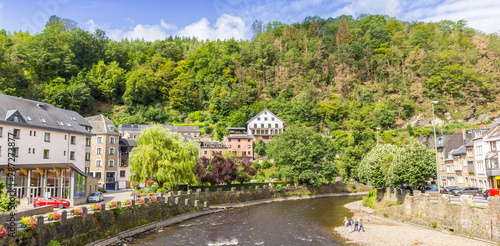 Panorama of a stone beach at the riverbend in La Roche-en-Ardenne, Belgium photo