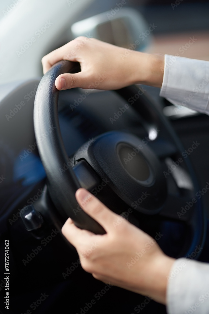 Hands, travel and driver in car with steering wheel for vacation, holiday or trip in motor vehicle. Closeup, dashboard and person in transport on journey for adventure, commute or speed in automobile
