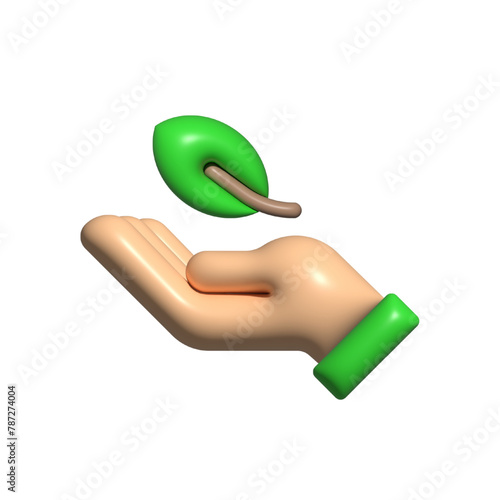 Leaf on a hand vector icon. Leaf, hand, 3d, icon, green, nature, eco, environmental, sustainability, plant, ecology, growth on white background vector. Leaf on a hand vector 3D icon.