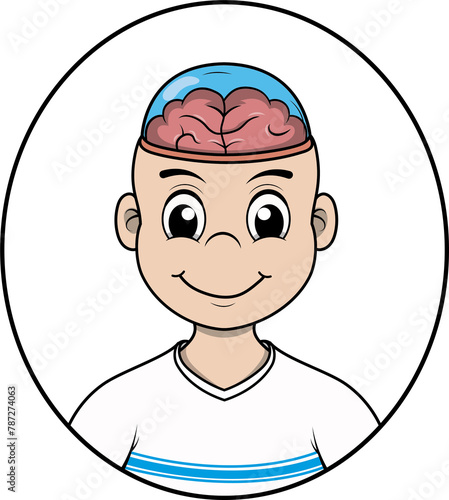 Un niño con cráneo de cristal por el cual se puede ver el cerebro, ilustración para clases de biologia para niños.