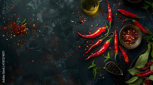 Chili peppers various ingredient fresh hot peppers dry chili flakes spicy oil on dark background copy space Spicy condiment : Generative AI photo