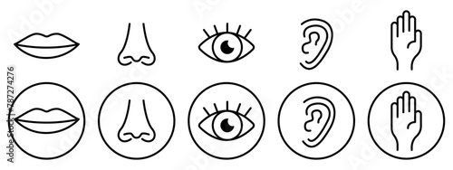 Five senses vector icons set. Hearing, touch, taste, smell, sight. Hand, eye, nose, mouth. Vector icons EPS 10