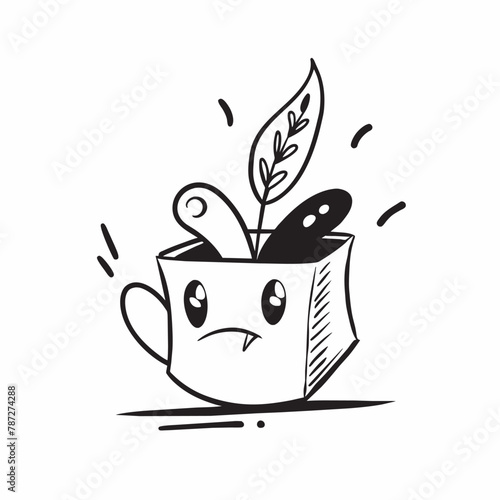 Illustration of a cup with a plant sprouting from it, depicted in black and white. The drawing showcases the intersection of drinkware and nature