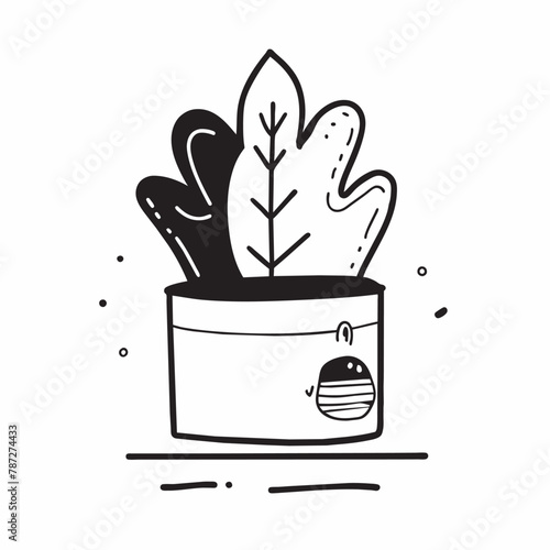 A cartoon style drawing of a terrestrial plant in a flowerpot, featuring detailed leaves and a flower with petals. The image is in black and white with a rectangular layout