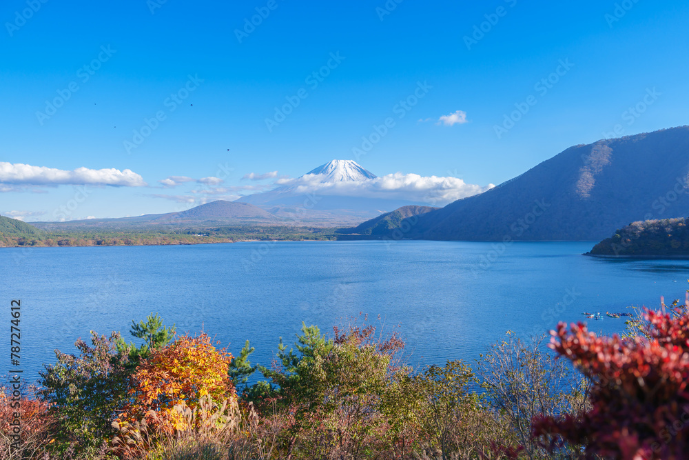 Mount Fuji at Lake Motosu in Autumn season. Mt Fujisan in Fujikawaguchiko, Yamanashi, Japan. Landmark for tourists attraction. Japan Travel, Destination, Vacation and Mount Fuji Day concept