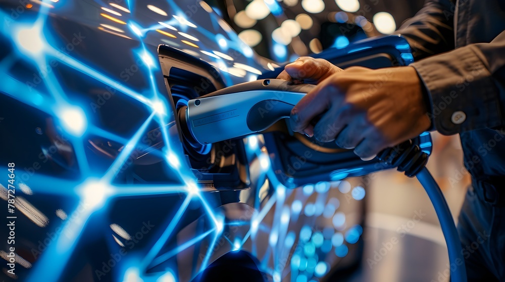Fototapeta premium Secure Connection: Blue Energy Pulse of an Electric Car's Charging Cable