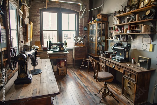 Old room interior with elegant sewing equipment such as needles and threads and design