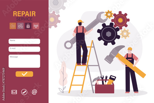 Team of technicians standing with tools and gears. Landing page or contact us form. Worker men holding hammer and wrench. Maintenance service, repairman fixing gears.