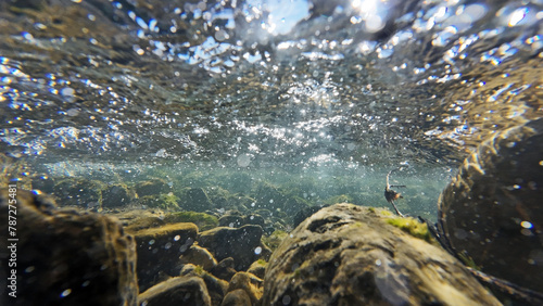 Unterwasseraufnahme vom Grund eines Flusses mit Luftblasen in der Strömung