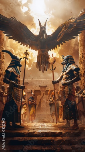 A digital painting depicting a scene from ancient Egypt with gods Anubis, Horus, and Ra presiding over a temple ceremony. Pharaohs and priests gather before hieroglyph-covered walls, creating a mystic © PorchzStudio