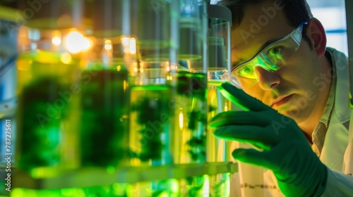 A scientist carefully adjusting equipment in a lab working to perfect a new od of using algae to create biofuels. .