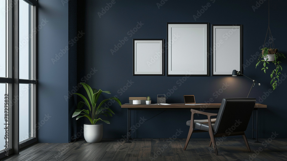 modern office with dark wall with blank poster frame modern office with dark wall with blank poster frame