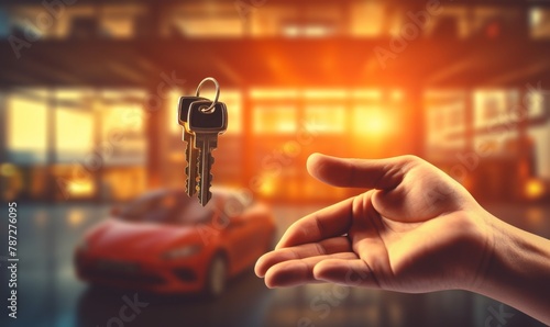 Hand holding car key in front of sleek red sports car © Umar