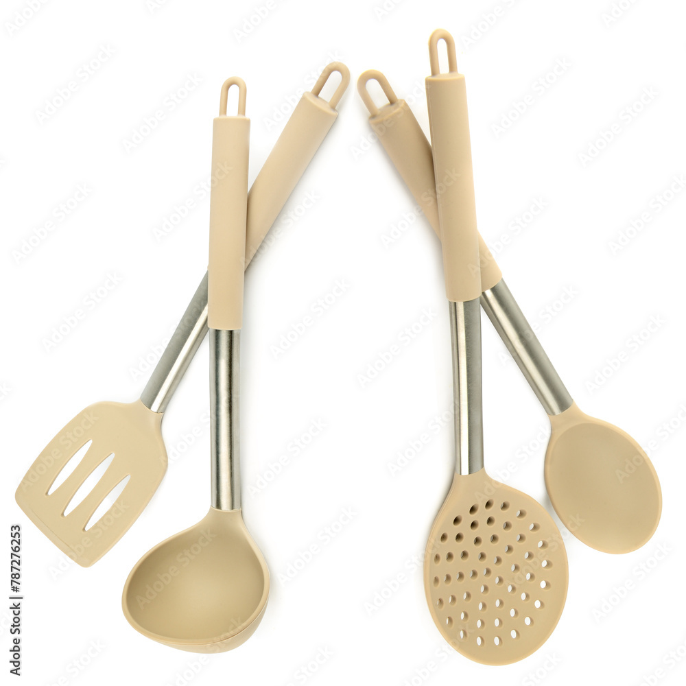 Kitchen spoon, ladle, spatula, skimmer isolated on white. There is free space for text. Collage. Kitchen spoon, ladle, spatula, skimmer isolated on white. There is free space for text. Collage.
