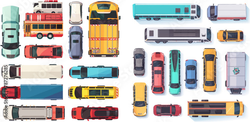 Flat public transport, trucks and cars aerial top view