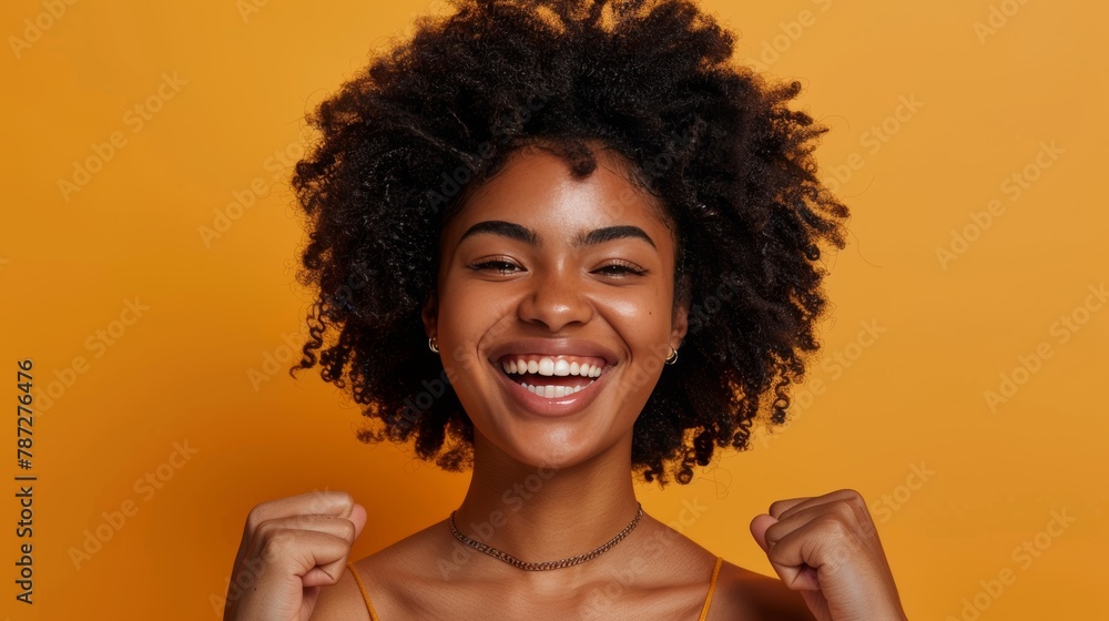 Confident woman exudes self assurance in dance on pastel background, providing text space Confident woman exudes self assurance in dance on pastel background, providing text space