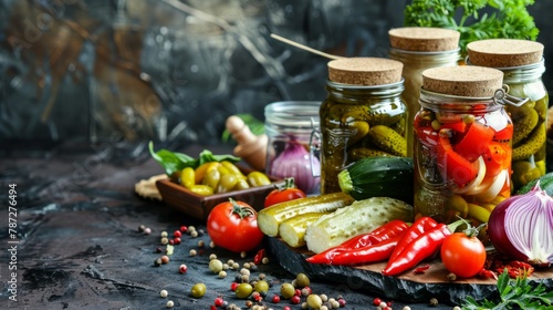 National Pickle Month. Glass jar of pickled gherkins with spices on a rustic table. photo