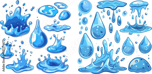 Cartoon blue dripping water drops, splashes, sprays and tears