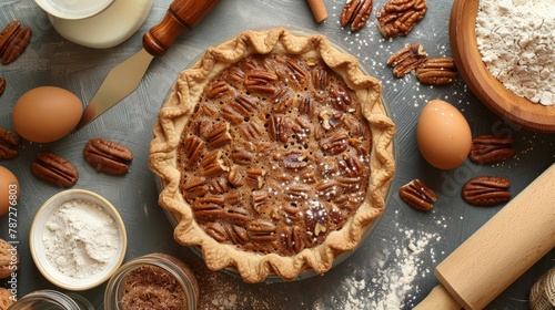 Pecan pie, fresh baked with ingredients on a wooden table