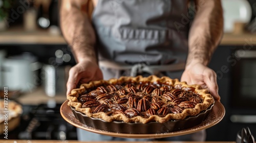 Man setting table with Ready-to-serve homemadee Pecan Pie in a brown ceramic plate in kitchen
