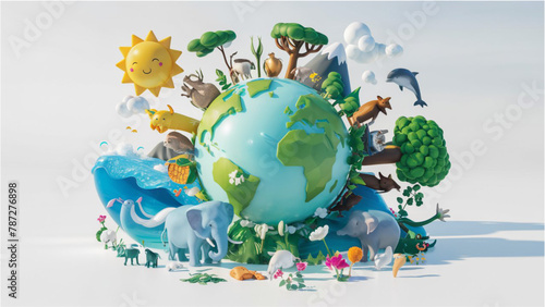 3D render illustration in a cartoon style, celebrating Earth Day