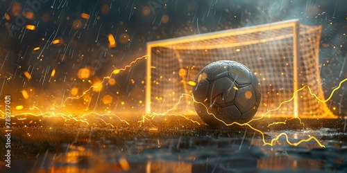 a soccer ball and a goal against a background of flashing lightning photo