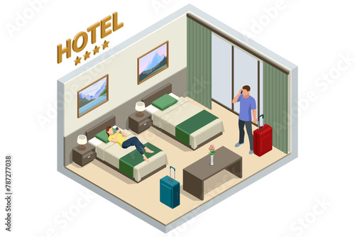 Isometric Modern Bedroom Suite in Hotel. Hotel Checking in and Having Rest in Their Rooms. Enjoy the Holiday and Vacation. Mobile Application, Hotel Booking Online on Website.