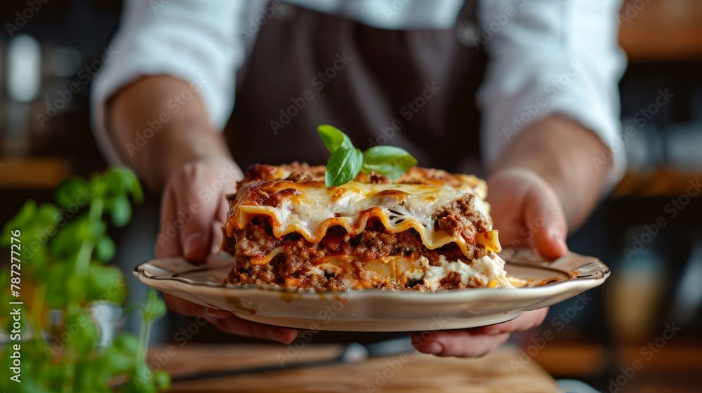 Man with Ready-to-serve homemadee lasagna in a ceramic plate in kitchen