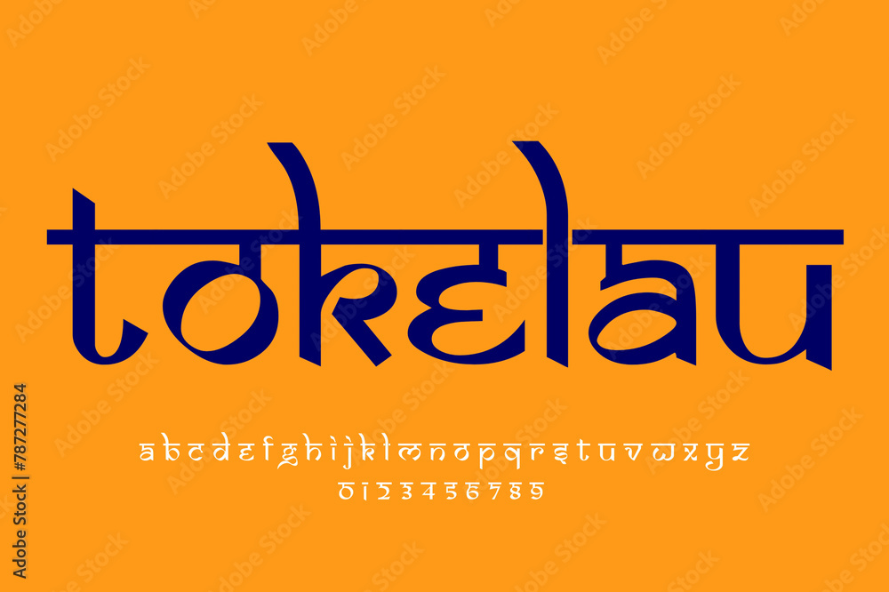 Country Tokelau text design. Indian style Latin font design, Devanagari inspired alphabet, letters and numbers, illustration.
