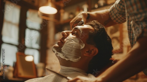 In a traditional barbershop setting a barber deftly wields his clippers to give his client a smooth and clean shave. The peaceful expression on the clients face captures the relaxed . photo