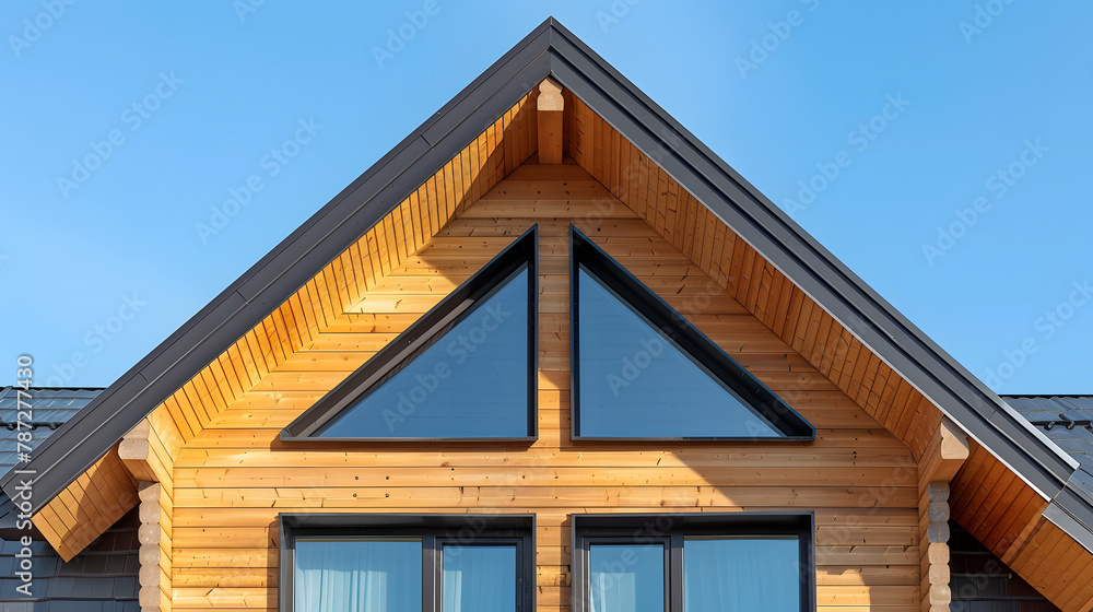 Wooden plank gabled roof on a new modern house with window copy space : Generative AI