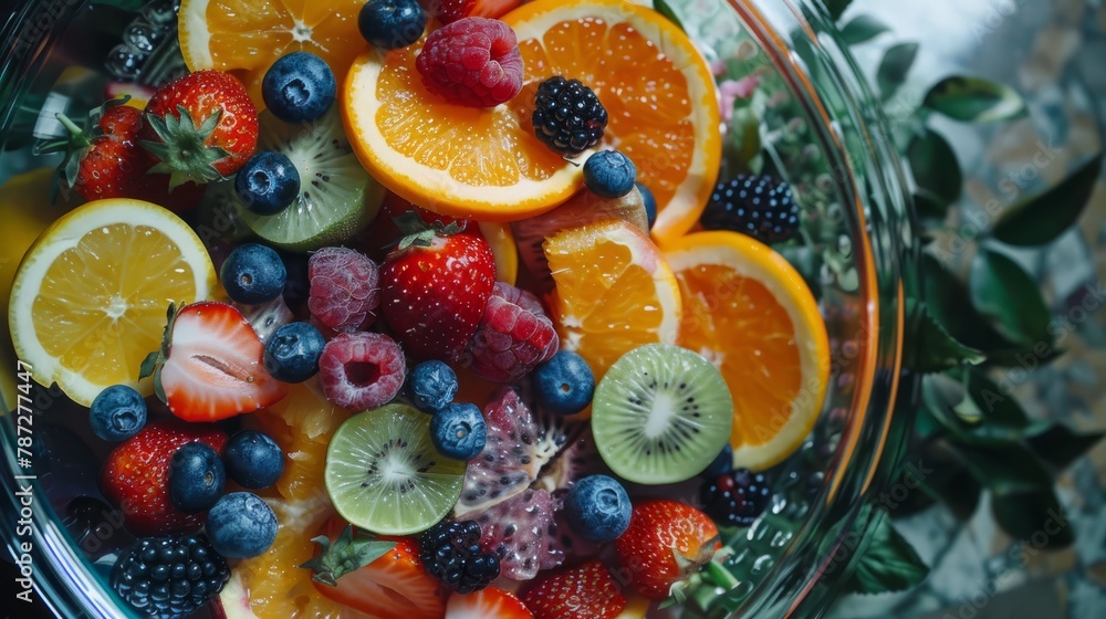 Bowl of healthy fresh fruit salad . Top view. Bowl of healthy fresh fruit salad . Top view.