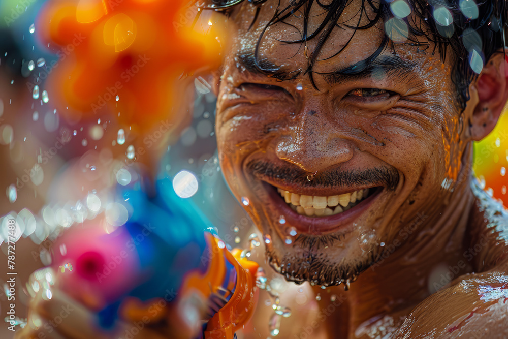 The lively close-up of a handsome man, laughter in his eyes as he partakes in water gun festivities at Songkran, seen through documentary The lively close-up of a handsome man, laughter in his eyes as he partakes in water gun festivities at Songkran, seen through documentary
