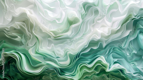 A green and white abstract painting with a wave-like pattern