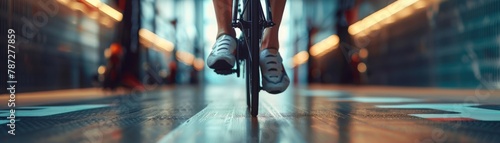 A close-up view showcasing the leg muscles of a cyclist during a vigorous indoor training session, highlighting athletic dedication.
