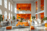 modern spacious office interior with natural light, orange accents, and contemporary furniture