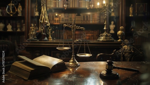 A photo of an old wooden gavel and scale on a desk. Generate AI image