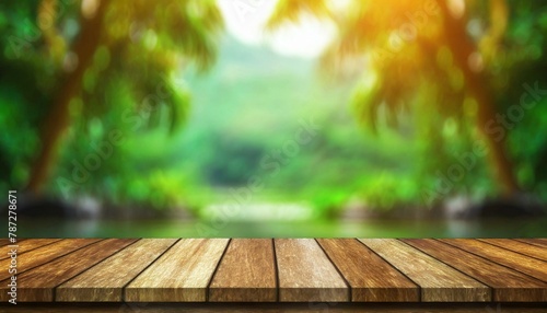 Rustic Tranquility: Empty Wooden Table with Nature Blur