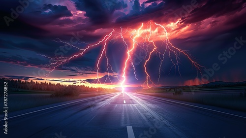Dynamic image of a lightning road, electrifying scene, dramatic skies, 