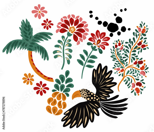 Fototapeta Naklejka Na Ścianę i Meble -  Tropical set elements seamless pattern with flowers, arara, tucanos, palm, pineapple