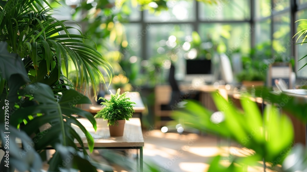 Fototapeta premium Dreamy defocused scene of a bright and airy office featuring a stunning array of potted plants and a serene natural backdrop creating a harmonious balance between work and nature. .